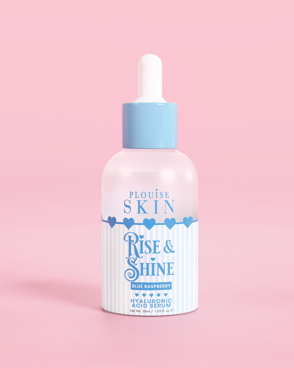 蓝色和白色瓶装 PLouise Rise and Shine 透明质酸精华蓝覆盆子色