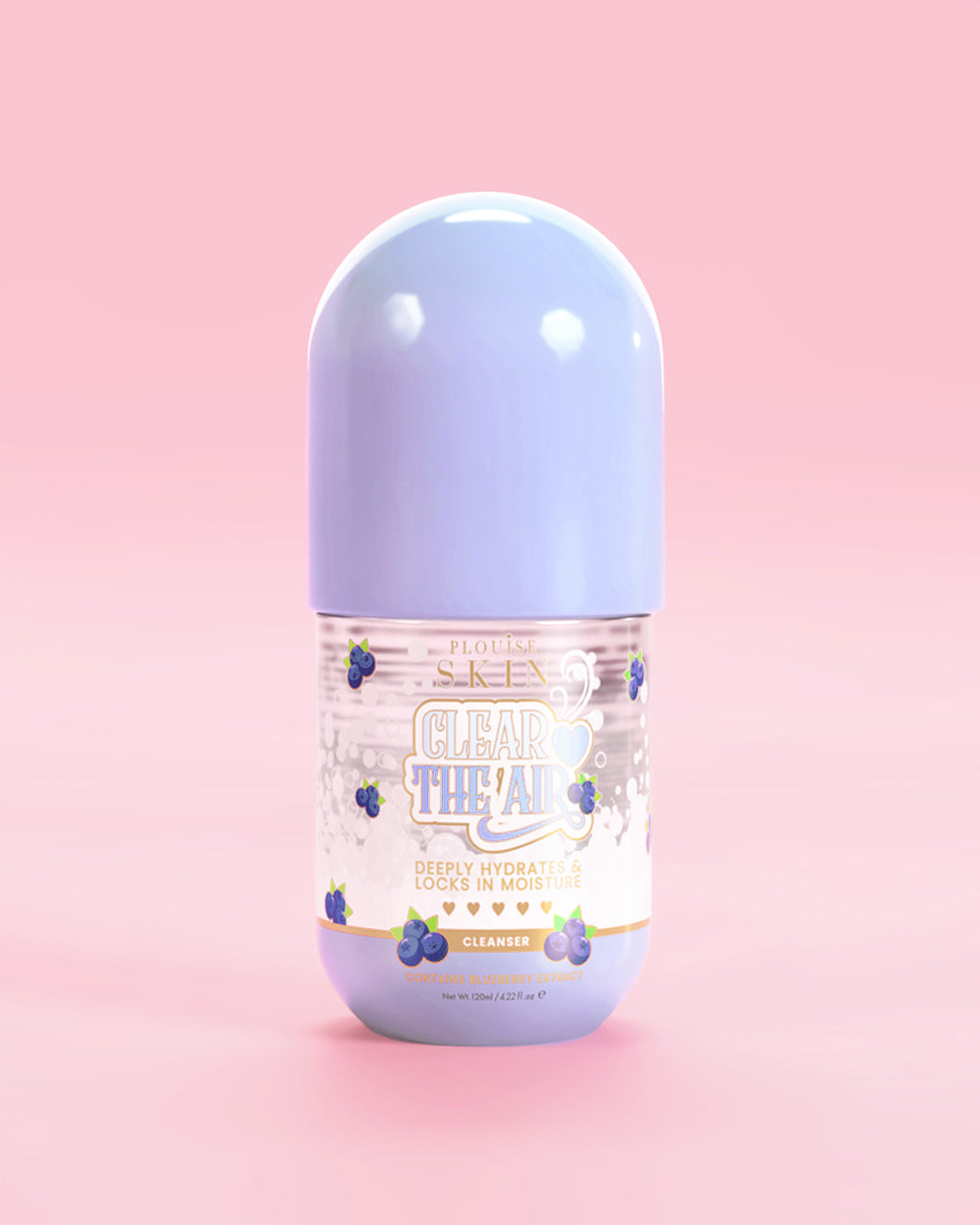 粉红色背景中的一瓶 P. Louise Clear The Air 蓝莓凝胶清洁剂