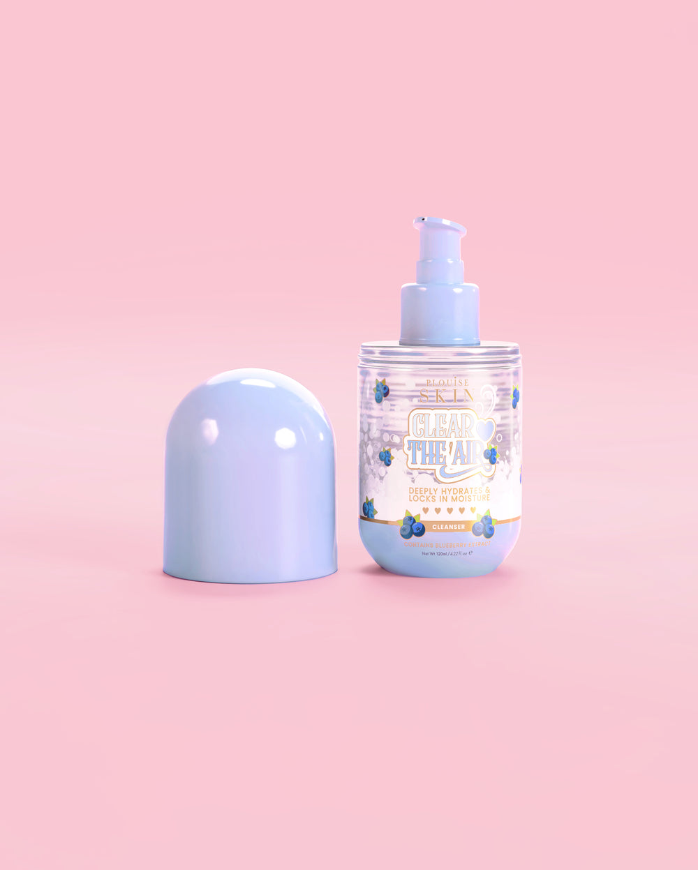 一瓶 P. Louise Clear The Air 蓝莓凝胶洁面乳,粉红色背景上的盖子已关闭