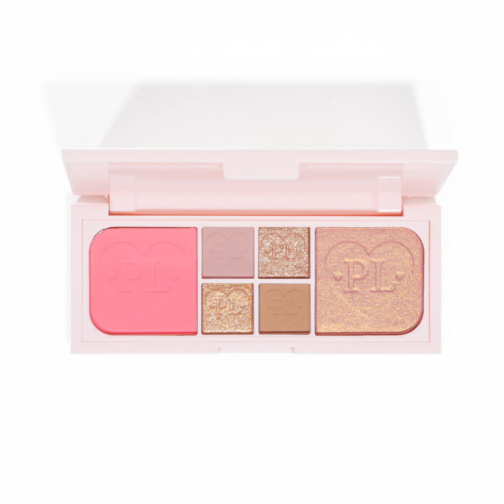 An image of the P.Louise Fluffy Fantasy Mini Eyes & Face Palette featuring creamy mattes and buttery shimmers in an array of pink and neutral shade