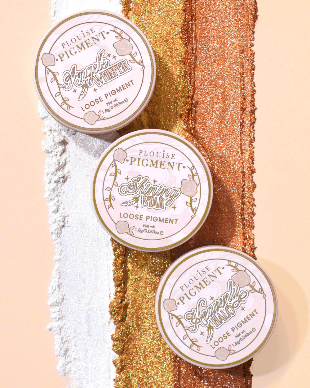 Three containers of P.Louise Stardust Secrets Loose Glitter Eyeshadow Pigments against rows of glitter swatched from each tub