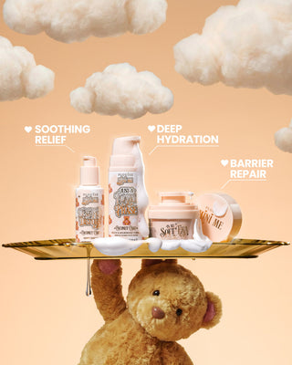 Teddy bear holding a tray with the sensitive skincare kit which makes a great winter skincare routine