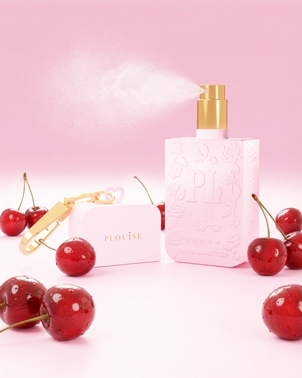 Pink P.Louise cherry hand sanitiser spray