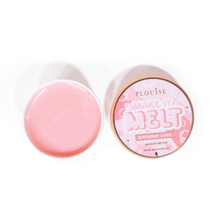 Open tub of P. Louise Make It Melt Makeup Cleansing Balm in orange scent on blue background