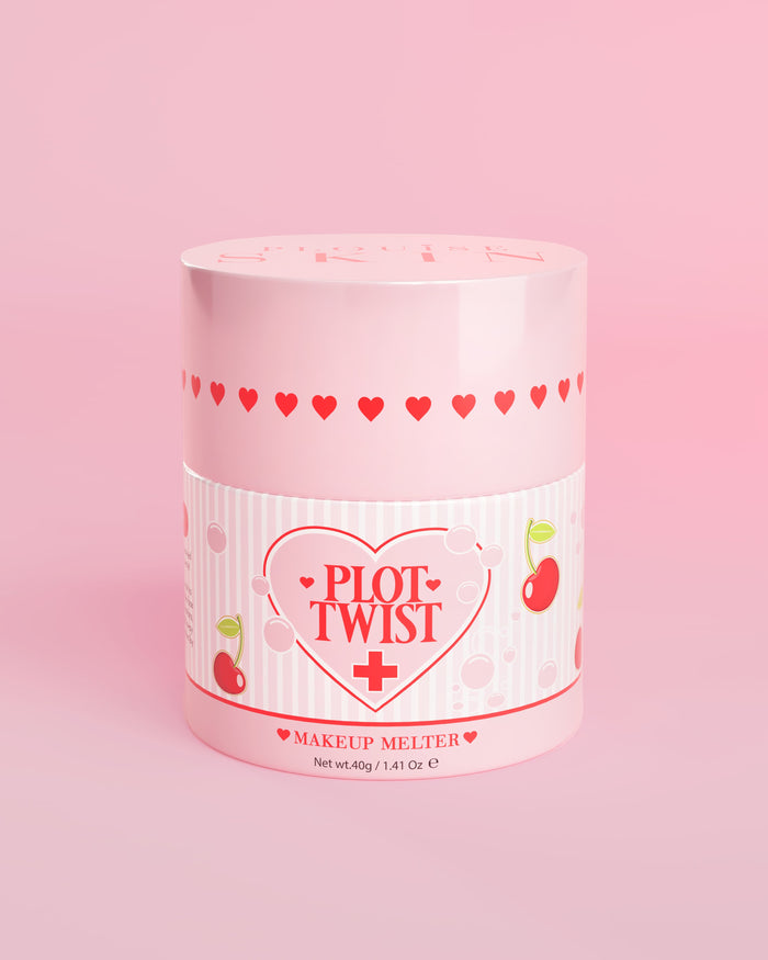 粉红色容器，装有 P.Louise Plot Twist Makeup Melting Cleansing Balm，标签上有心形和樱桃图案，背景为粉红色