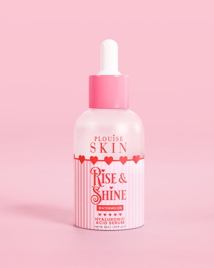 Pink red and white bottle of P.Louise Rise & Shine Hyaluronic Acid serum in watermelon