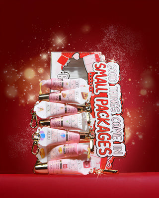 红色背景“所有好东西都装在小包装中”迷你护唇膏礼品套装