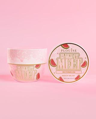 Tub of P. Louise Make It Melt Makeup Cleansing Balm in Watermelon on pink background