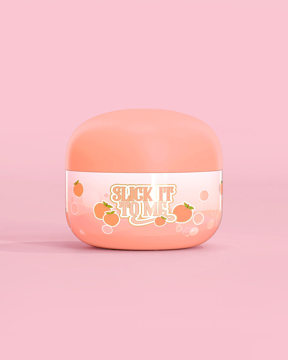 Jar of P. Louise Slick It To Me Peach Melting Body Balm with pink background
