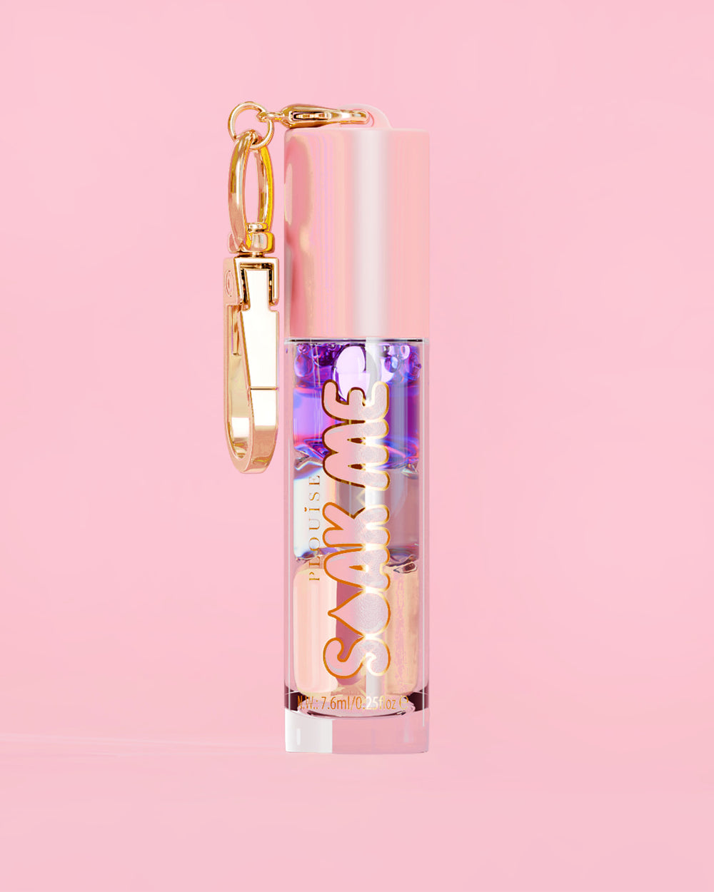 P. Louise Soak Me Lip Oil，粉红色管中含有彩色分层油，粉红色背景上有金色扣