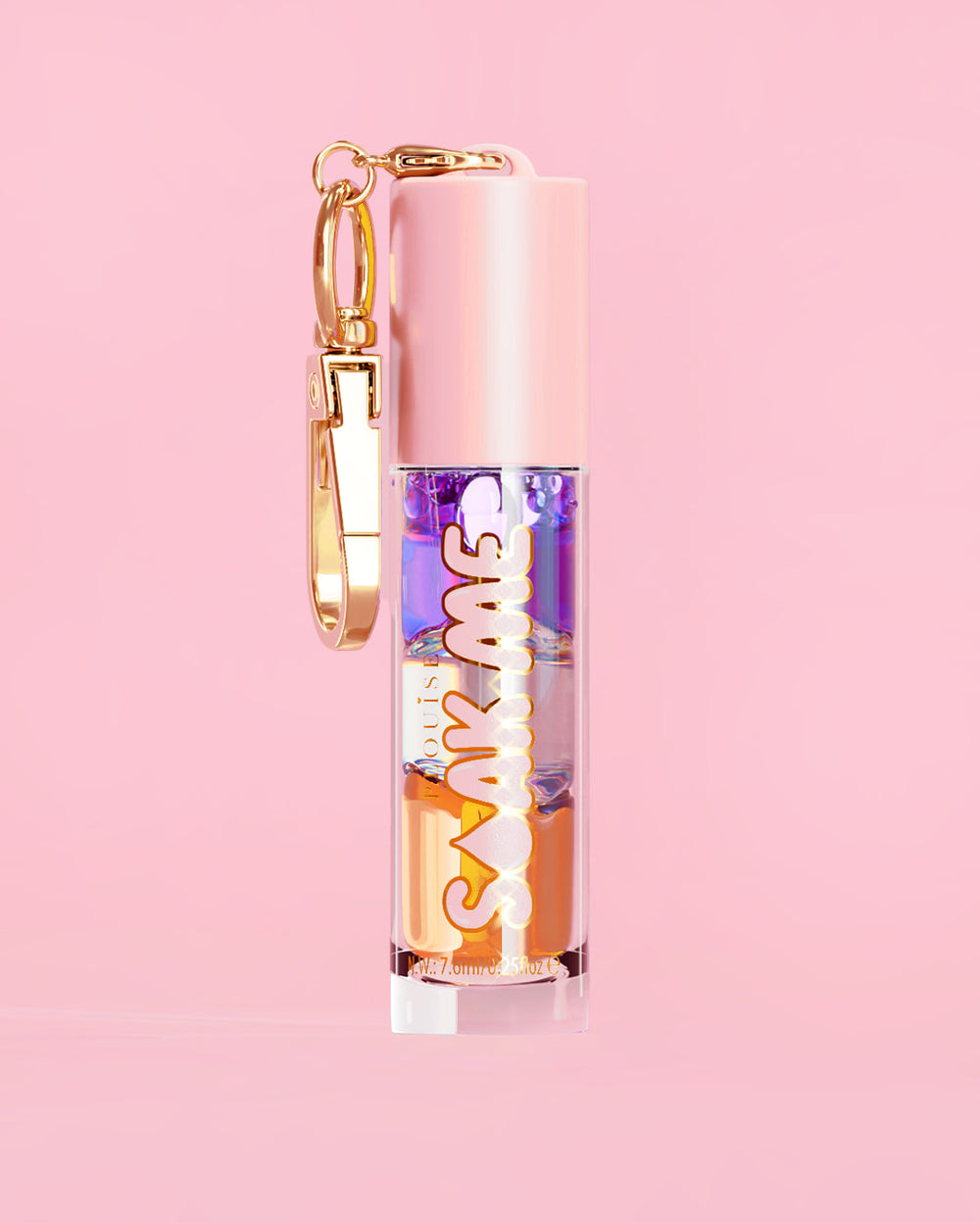 P. Louise Soak Me Lip Oil，粉红色管中含有彩色分层油，粉红色背景上有金色扣