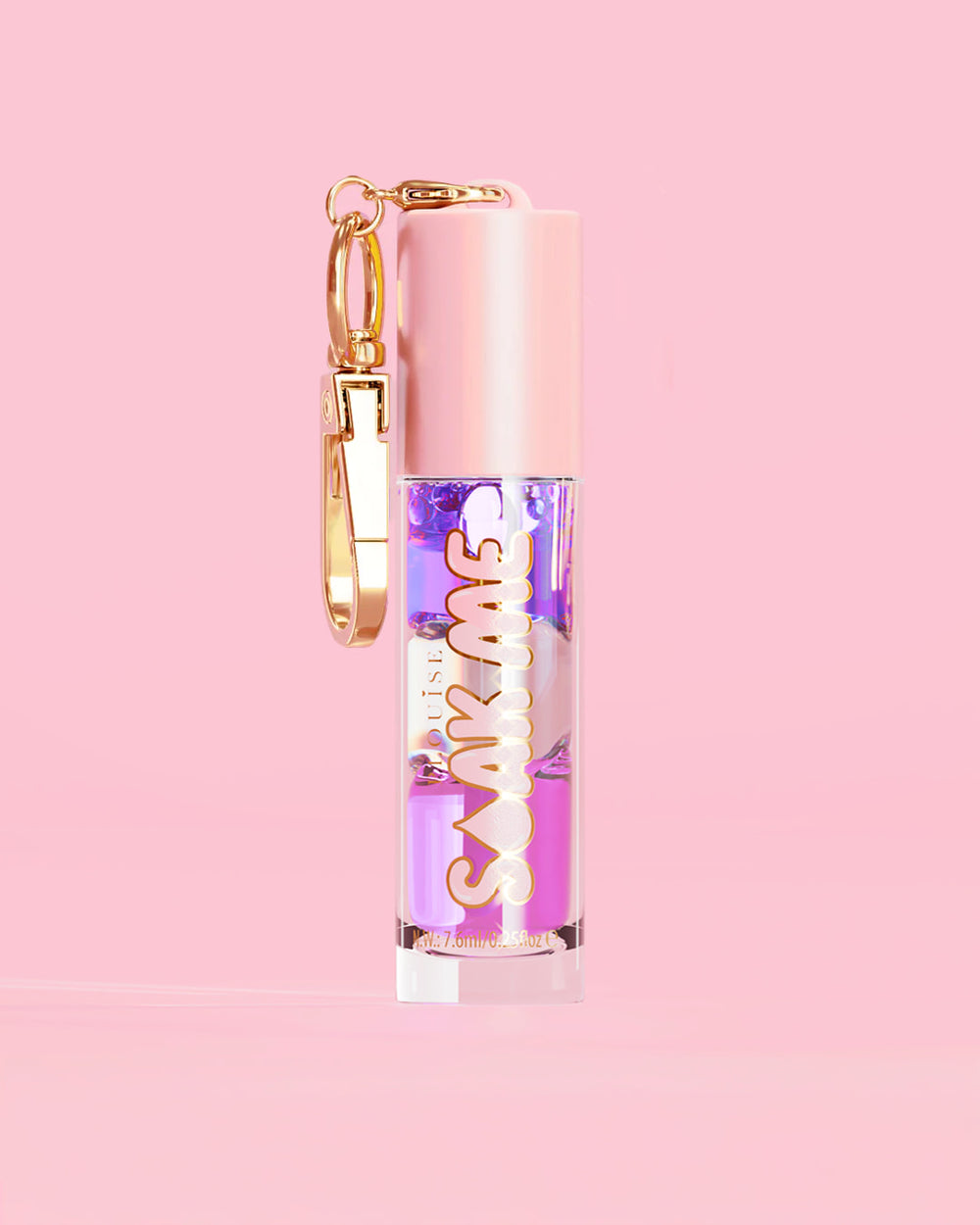 P. Louise Soak Me Lip Oil，粉红色管中含有彩色分层油，粉红色背景上有金色扣