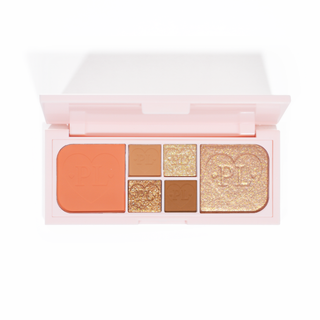 An image of the P.Louise Fluffy Fantasy Mini Eyes & Face Palette featuring creamy mattes and buttery shimmers in an array of peach and neutral shades