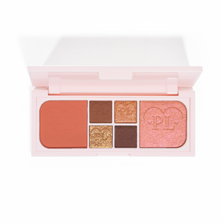 An image of the P.Louise Fluffy Fantasy Mini Eyes & Face Palette featuring creamy mattes and buttery shimmers in an array of peach, brown and neutral shades
