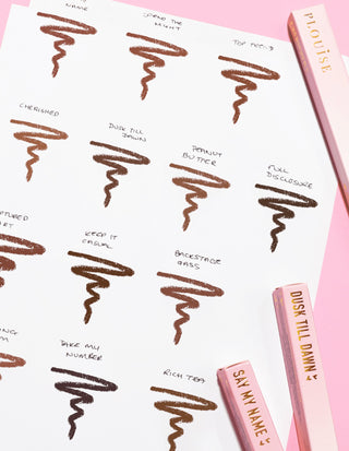 An image of a piece of paper with scribbles on showing each P.Louise Ultimate Definition Sharpenable Lip Liner shade and name