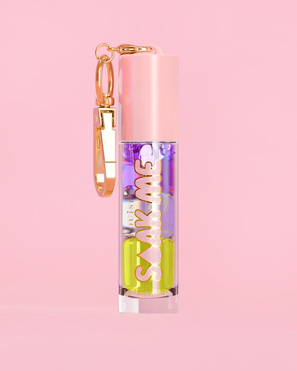 P. Louise Soak Me Lip Oil，粉红色管中含有彩色分层油，粉红色背景上有金色扣