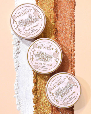 Three containers of P.Louise Stardust Secrets Loose Glitter Eyeshadow Pigments against rows of glitter swatched from each tub